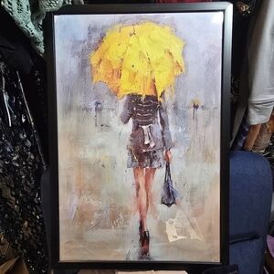 #0151 NEW 'PARISIAN WOMAN WITH YELLOW UMBRELLA IN THE RAIN' 19x12.75 Black Frame